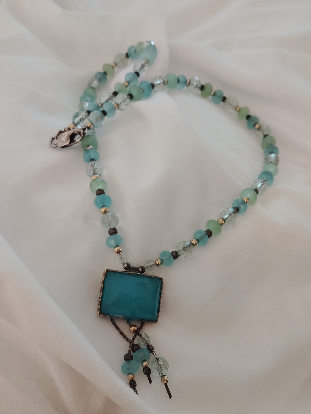 Blue Beaded Pendant Necklace 925 Sterling Blue Stone